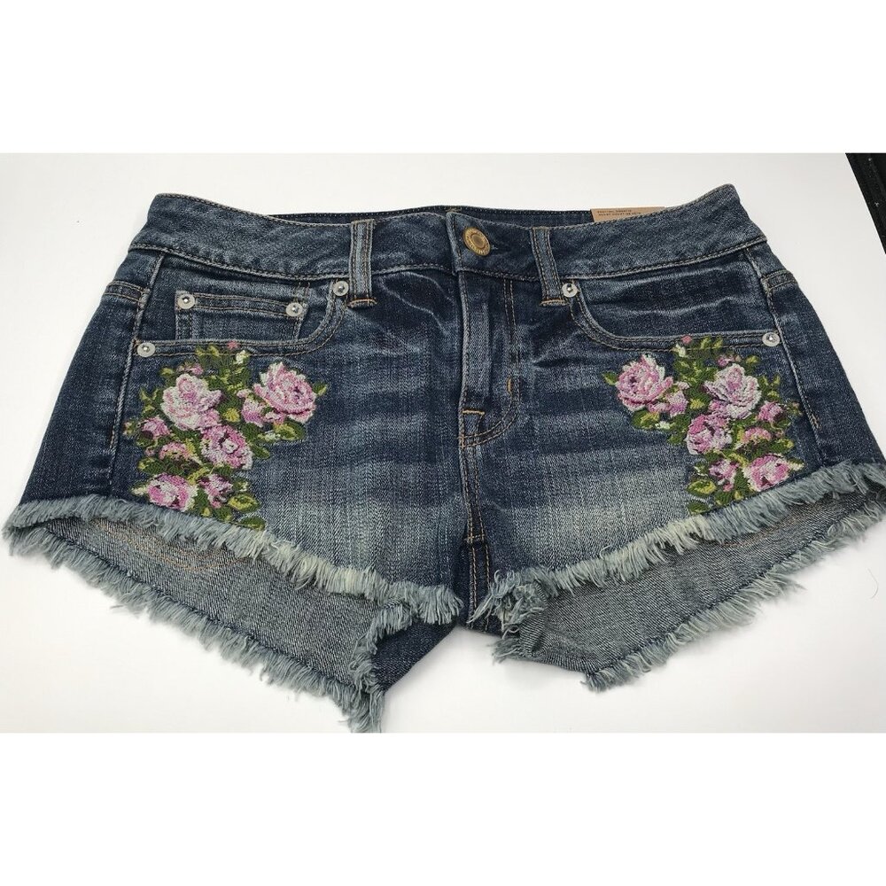 American Eagle Denim Shorts 00‎ Floral Embroidered Distressed Frayed Hem Cut Off